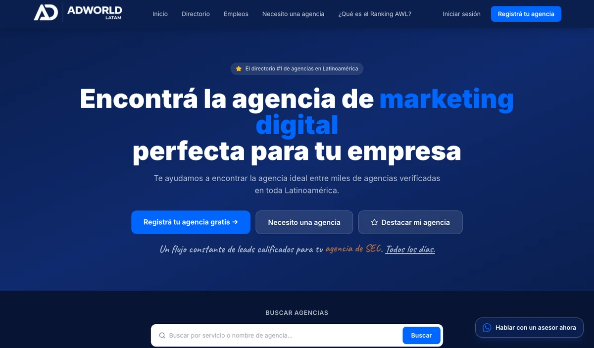 Página de inicio de AdWorld Latam, directorio de agencias de marketing digital en Latinoamérica