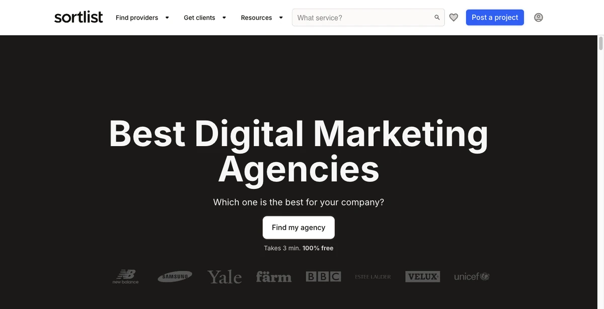 Página de Sortlist para encontrar las mejores agencias de marketing digital